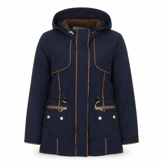 Front view of Principles women’s blue parka jacket, size UK 10, zip