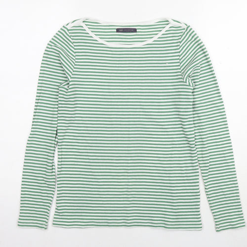 Marks and Spencer Womens Green Striped Polyester Basic T-Shirt Size 12 Round Neck