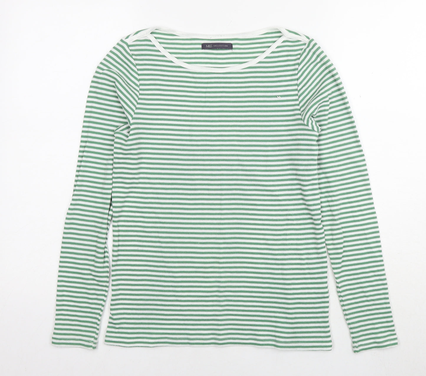 Marks and Spencer Womens Green Striped Polyester Basic T-Shirt Size 12 Round Neck