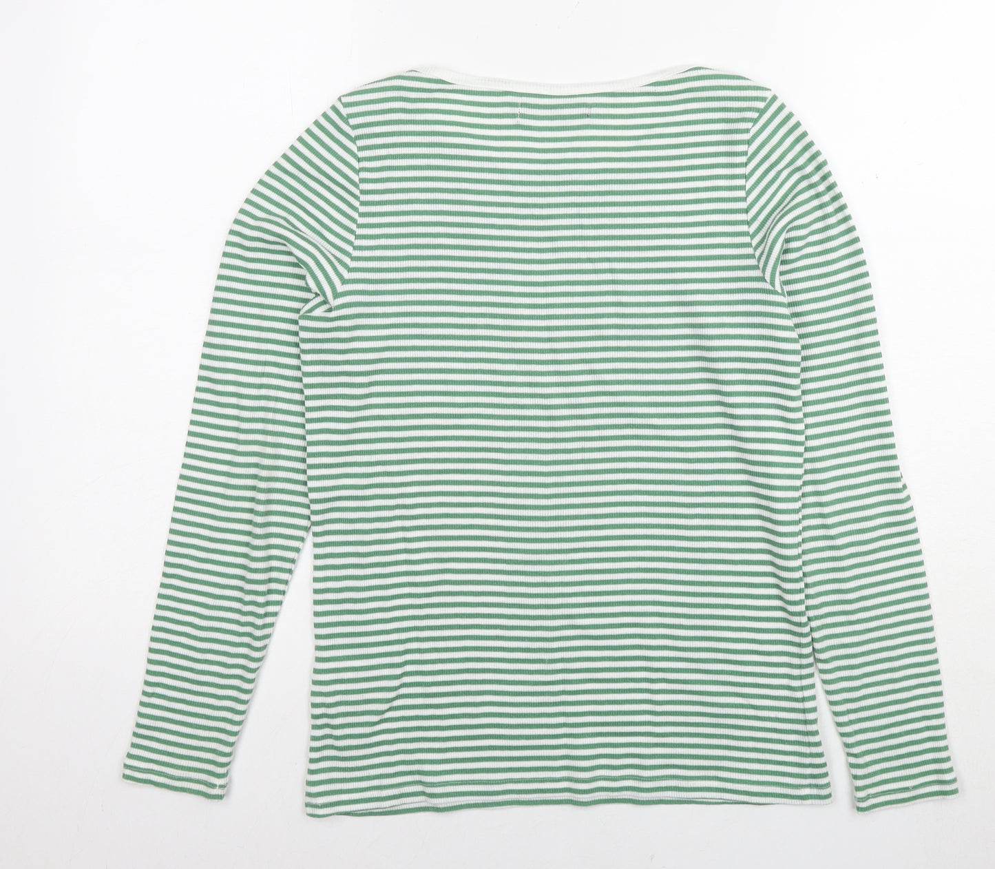 Marks and Spencer Womens Green Striped Polyester Basic T-Shirt Size 12 Round Neck