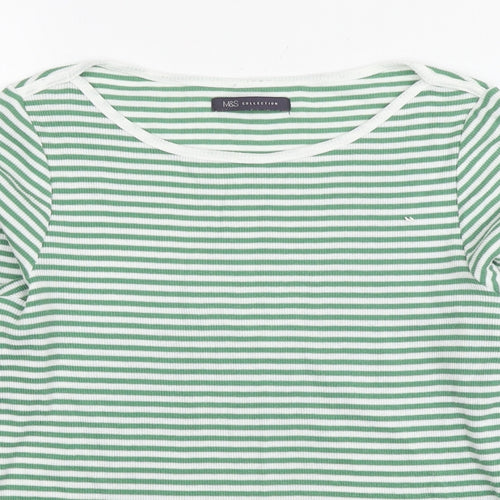 Marks and Spencer Womens Green Striped Polyester Basic T-Shirt Size 12 Round Neck