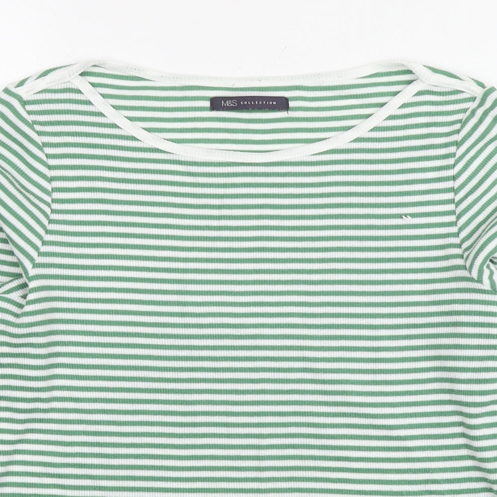 Marks and Spencer Womens Green Striped Polyester Basic T-Shirt Size 12 Round Neck