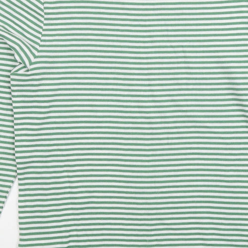 Marks and Spencer Womens Green Striped Polyester Basic T-Shirt Size 12 Round Neck