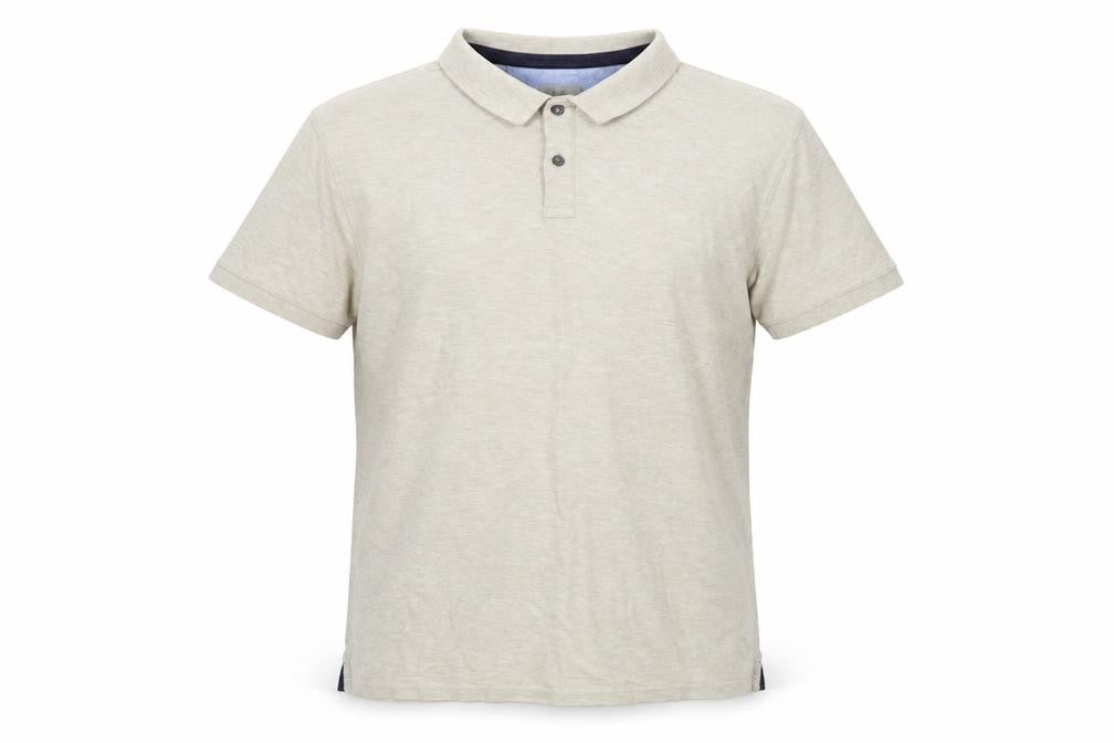 Front view of Marks & Spencer men’s beige cotton polo, size L, collared pullover