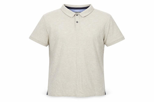 Front view of Marks & Spencer men’s beige cotton polo, size L, collared pullover