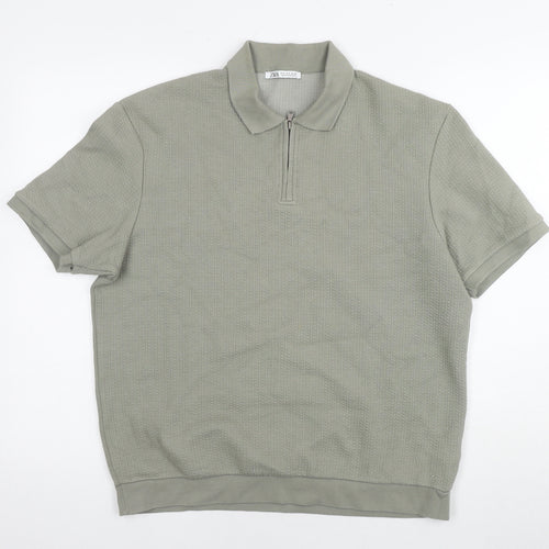 Zara Mens Green Cotton T-Shirt Size S Collared