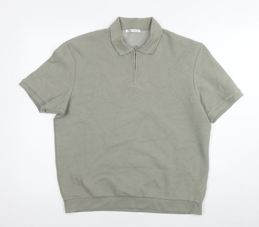 Zara Mens Green Cotton T-Shirt Size S Collared