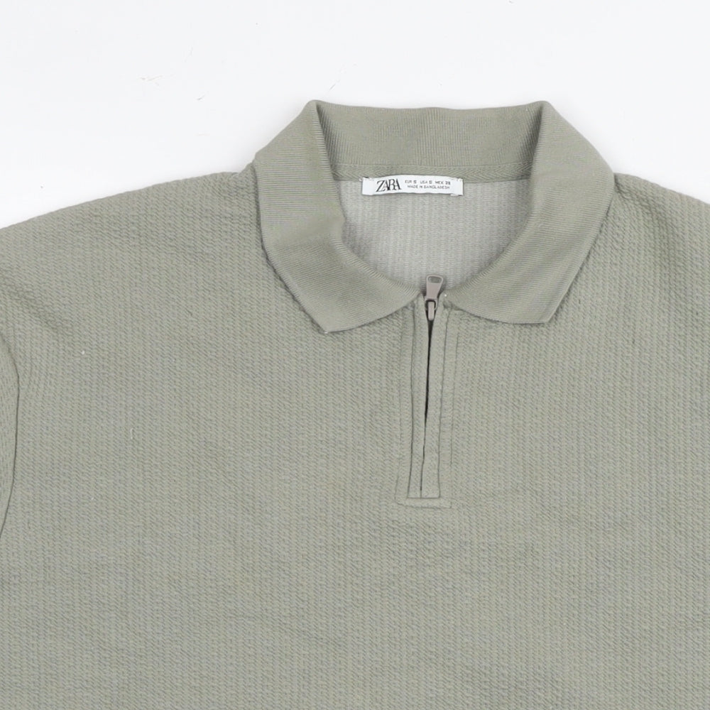 Zara Mens Green Cotton T-Shirt Size S Collared