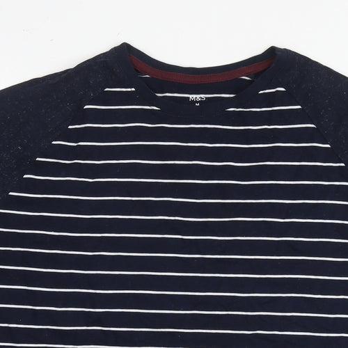 Marks and Spencer Mens Blue Striped Cotton T-Shirt Size M Round Neck