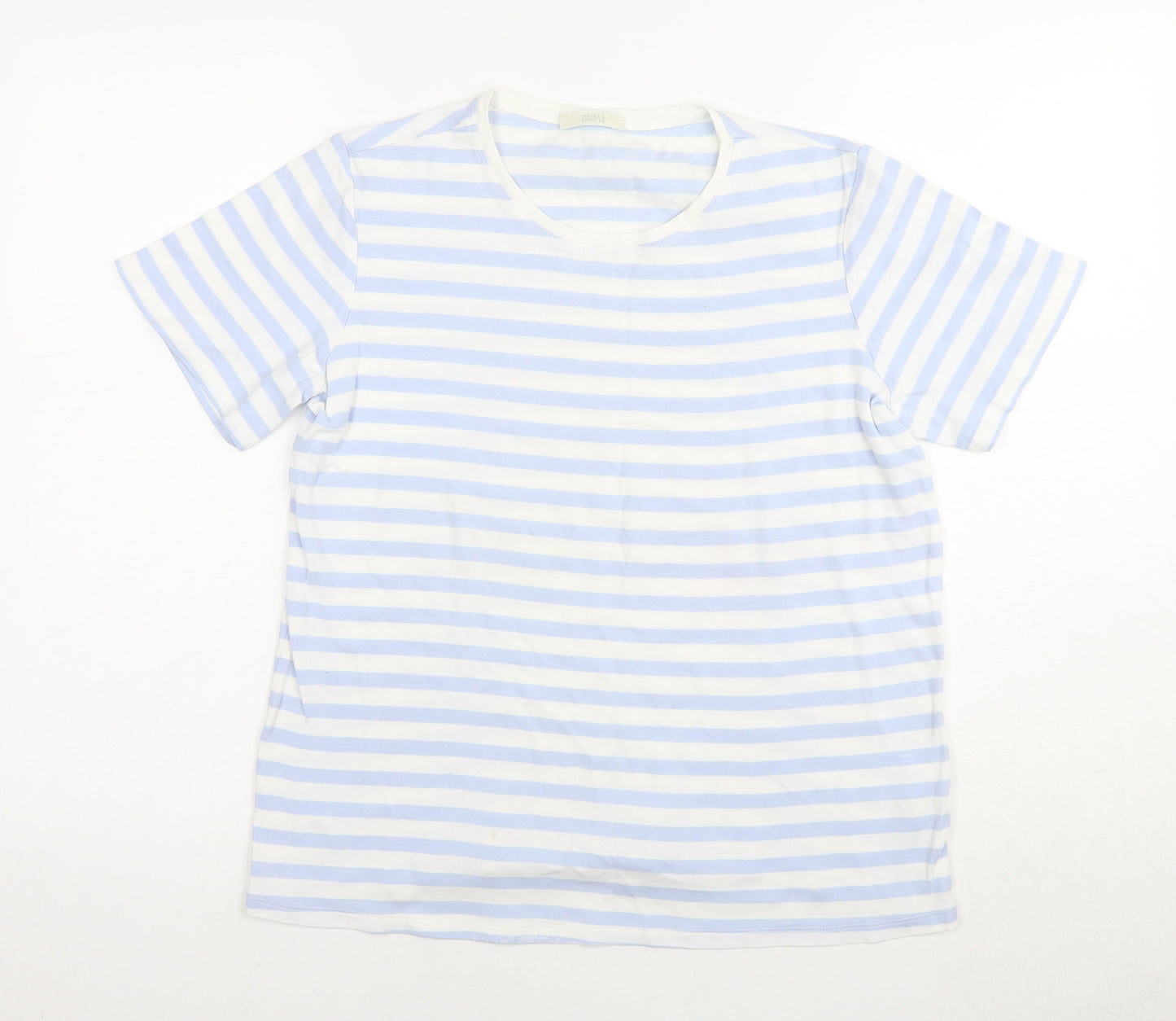 Marks and Spencer Womens Blue Striped Cotton Basic T-Shirt Size 16 Round Neck