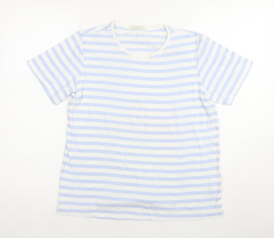 Marks and Spencer Womens Blue Striped Cotton Basic T-Shirt Size 16 Round Neck