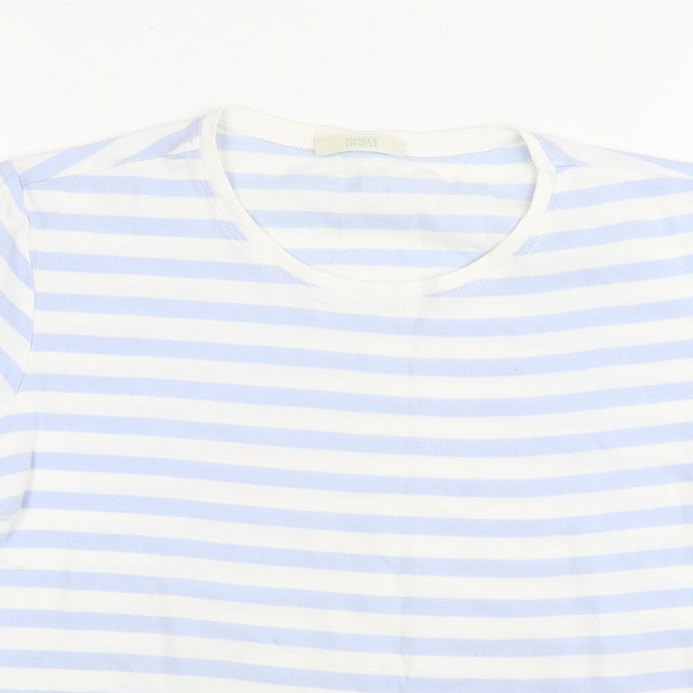 Marks and Spencer Womens Blue Striped Cotton Basic T-Shirt Size 16 Round Neck