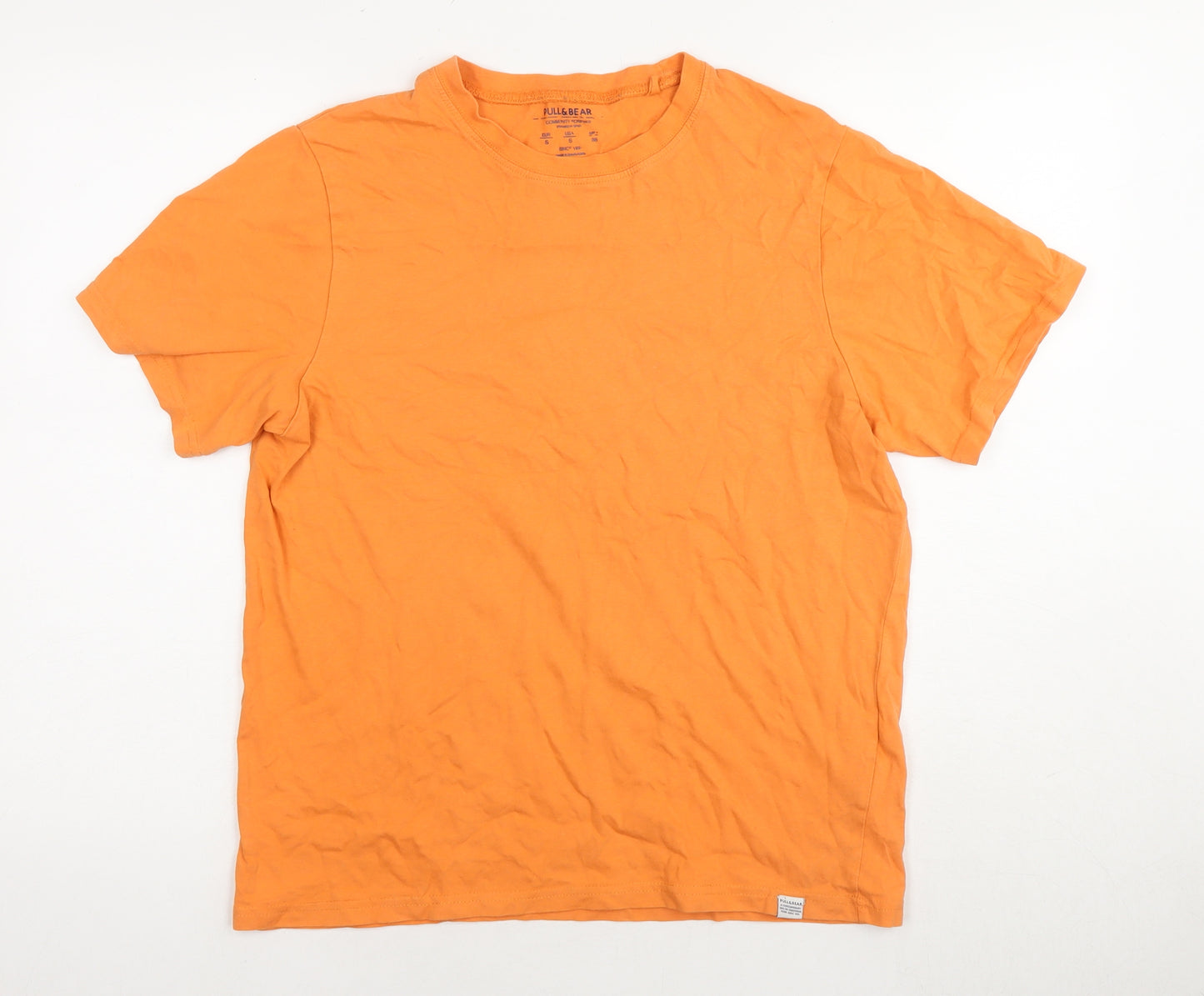 Pull&Bear Womens Orange Cotton Basic T-Shirt Size S Round Neck