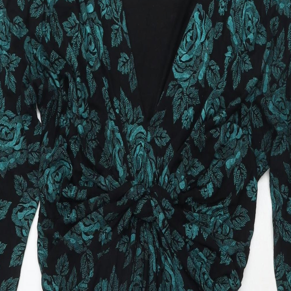 Krisp Womens Black Floral Viscose Fit & Flare Size 16 V-Neck Pullover