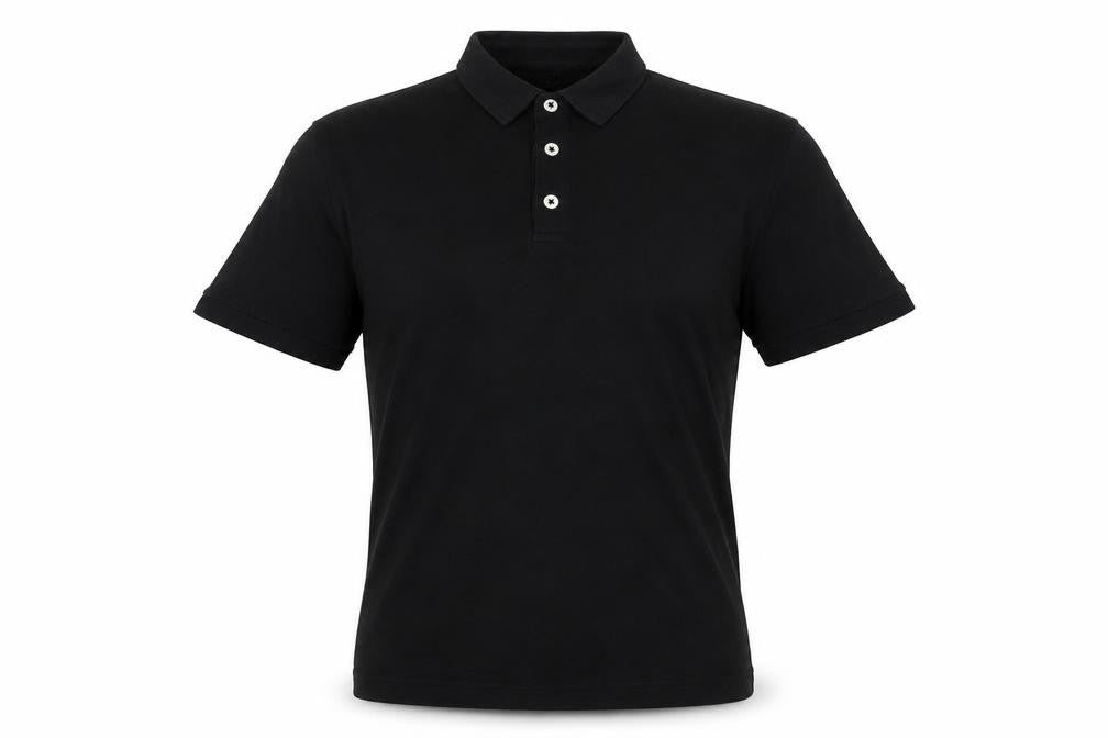 Front view of H&M men’s black cotton polo, size S, collared pullover
