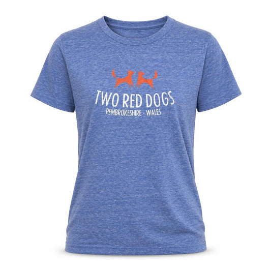 Front view of Alternative Earth Organics women’s blue polyester basic t-shirt, size S, round neck - two red dots