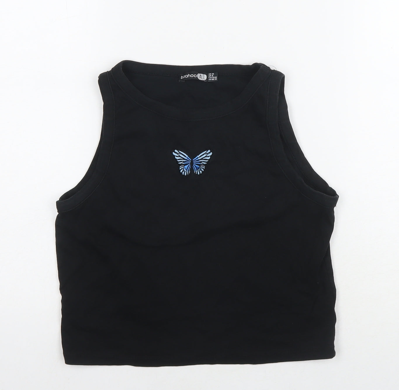 Boohoo Womens Black Cotton Cropped Tank Size 12 Round Neck - Butterfly