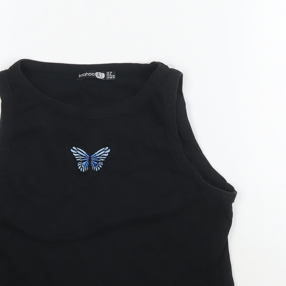 Boohoo Womens Black Cotton Cropped Tank Size 12 Round Neck - Butterfly