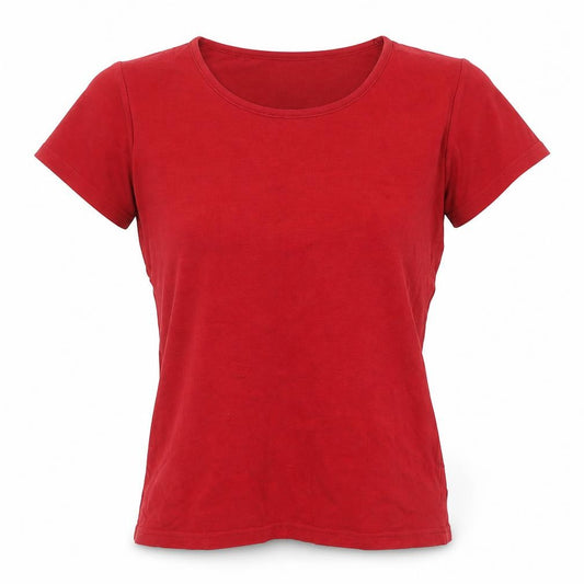 Front view of EWM women’s red cotton basic t-shirt, size UK 10, round neck -, size UK 10-12
