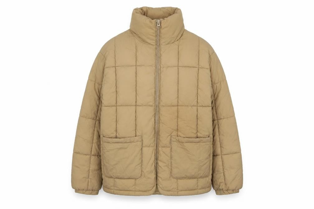 Front view of Topshop women’s beige quilted jacket, size UK 6, zip
