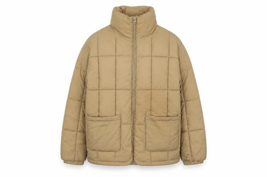 Front view of Topshop women’s beige quilted jacket, size UK 6, zip