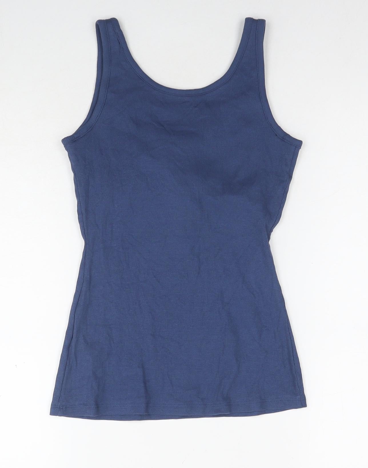 Marks and Spencer Womens Blue Cotton Basic Tank Size 10 Round Neck - Built-in Bra