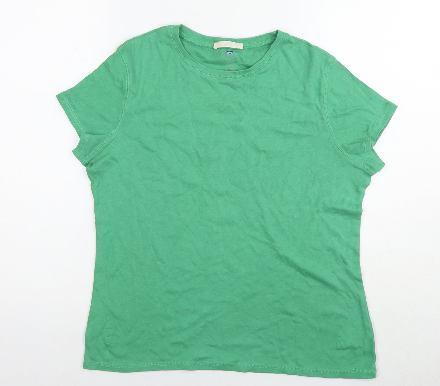 Marks and Spencer Womens Green Cotton Basic T-Shirt Size 16 Round Neck