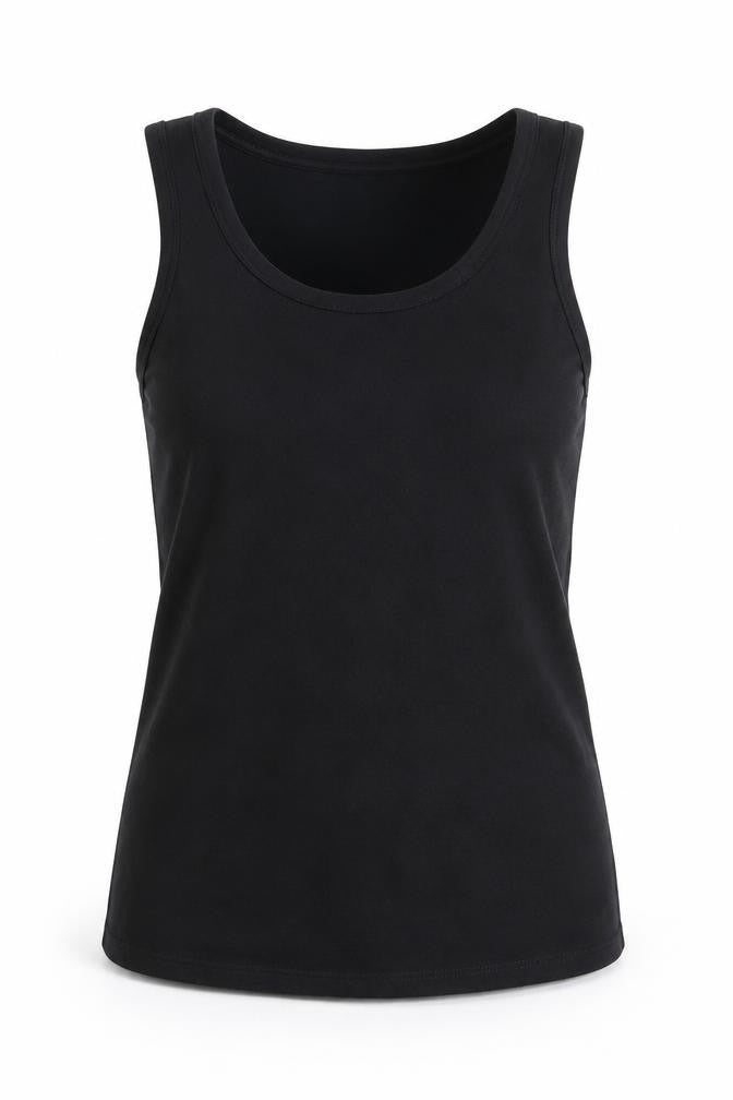 Front view of Jane and Bleeker women’s black cotton basic tank, size L, scoop neck