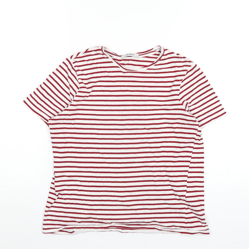 Zara Womens Red Striped Cotton Basic T-Shirt Size M Round Neck