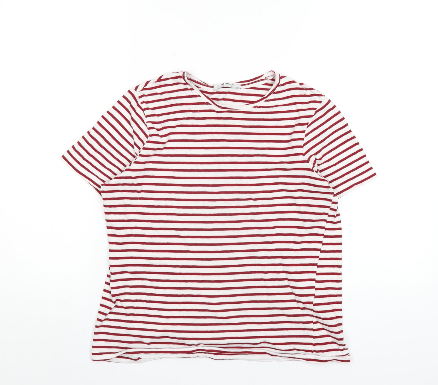 Zara Womens Red Striped Cotton Basic T-Shirt Size M Round Neck