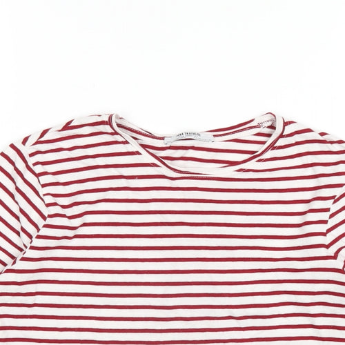Zara Womens Red Striped Cotton Basic T-Shirt Size M Round Neck