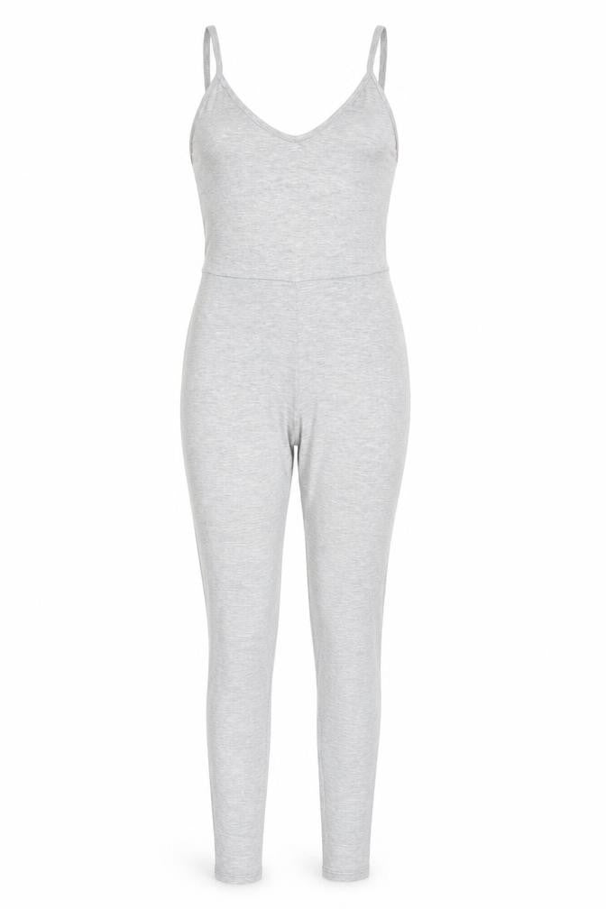 Front view of PRETTYLITTLETHING women’s grey polyester catsuit one-piece, size UK 8, 31-inch leg pullover