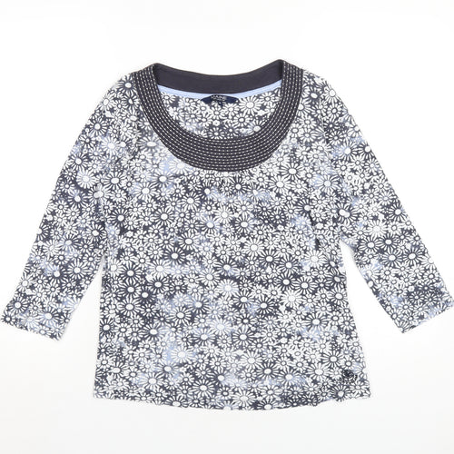 Maine Womens Blue Floral Cotton Basic T-Shirt Size 14 Scoop Neck