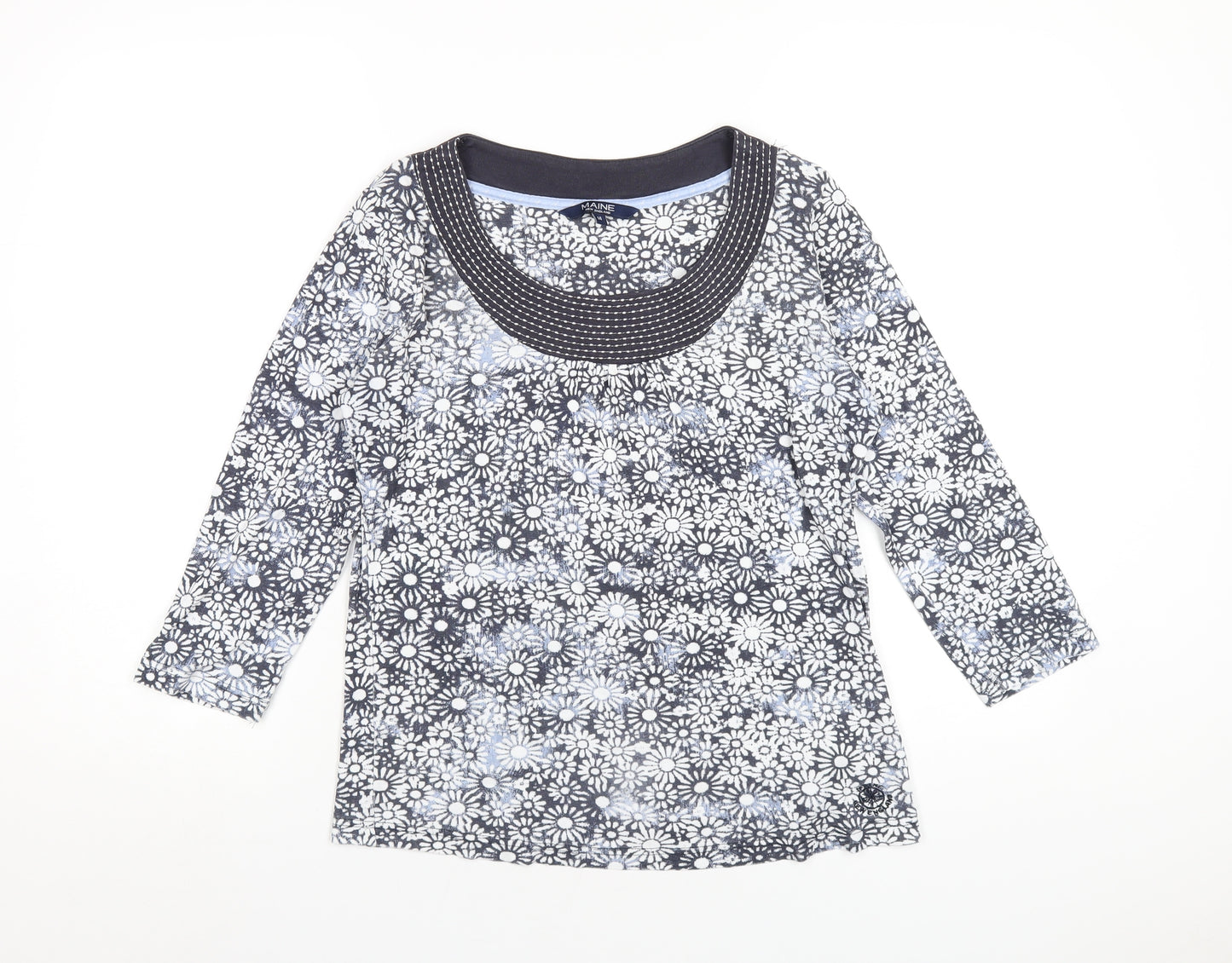 Maine Womens Blue Floral Cotton Basic T-Shirt Size 14 Scoop Neck