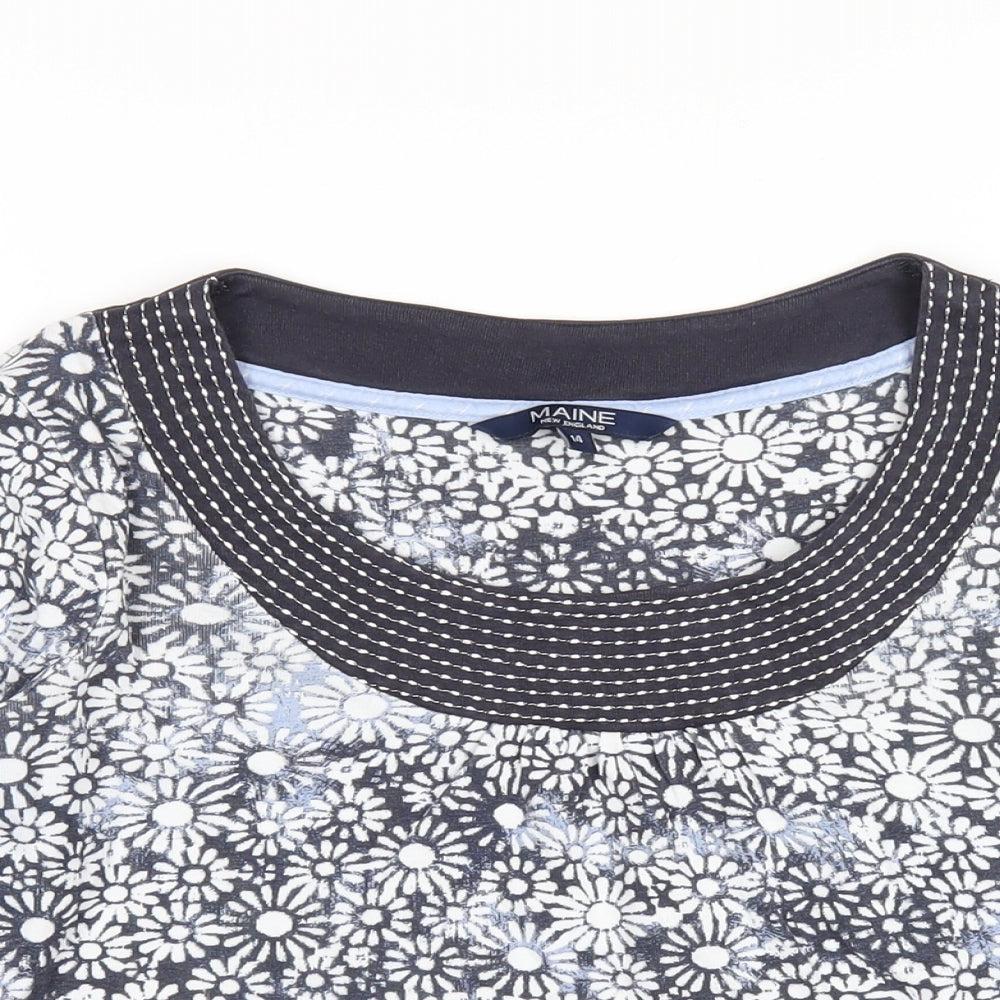 Maine Womens Blue Floral Cotton Basic T-Shirt Size 14 Scoop Neck