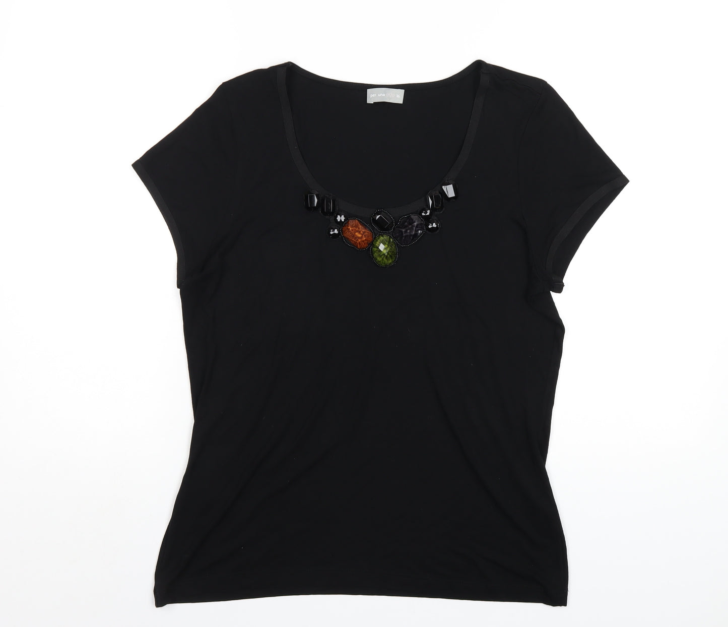 Per Una Womens Black Cotton Basic T-Shirt Size 16 Scoop Neck - Beaded Neckline