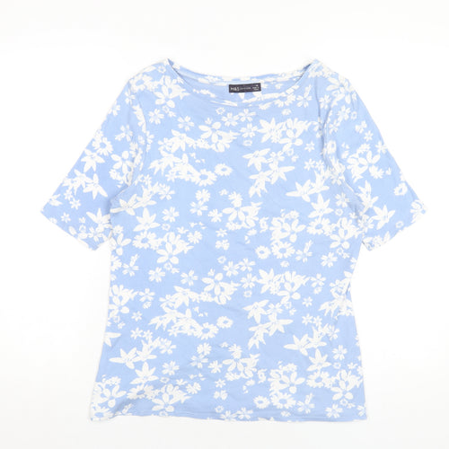 Marks and Spencer Womens Blue Floral Cotton Basic T-Shirt Size 16 Round Neck