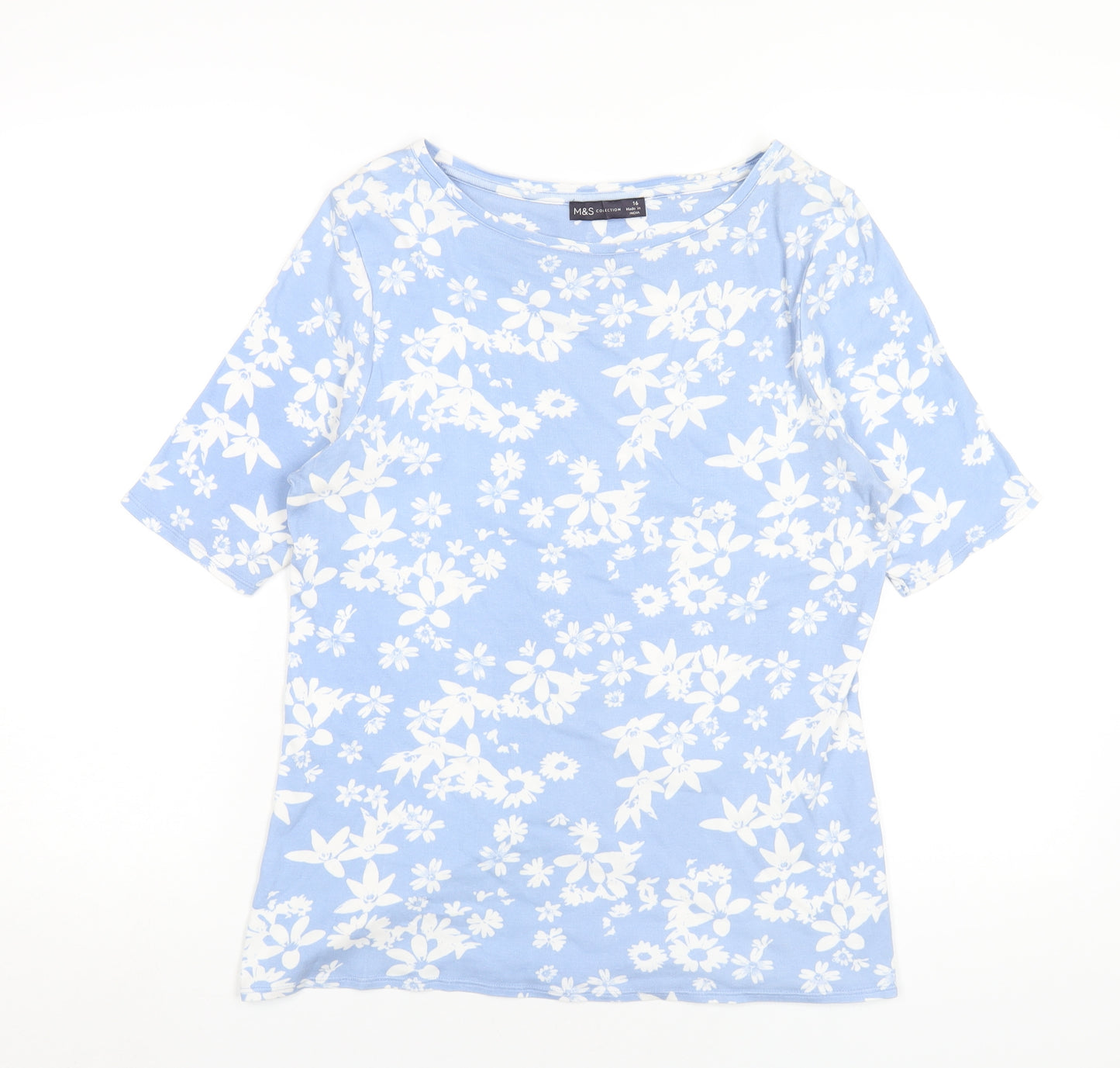 Marks and Spencer Womens Blue Floral Cotton Basic T-Shirt Size 16 Round Neck