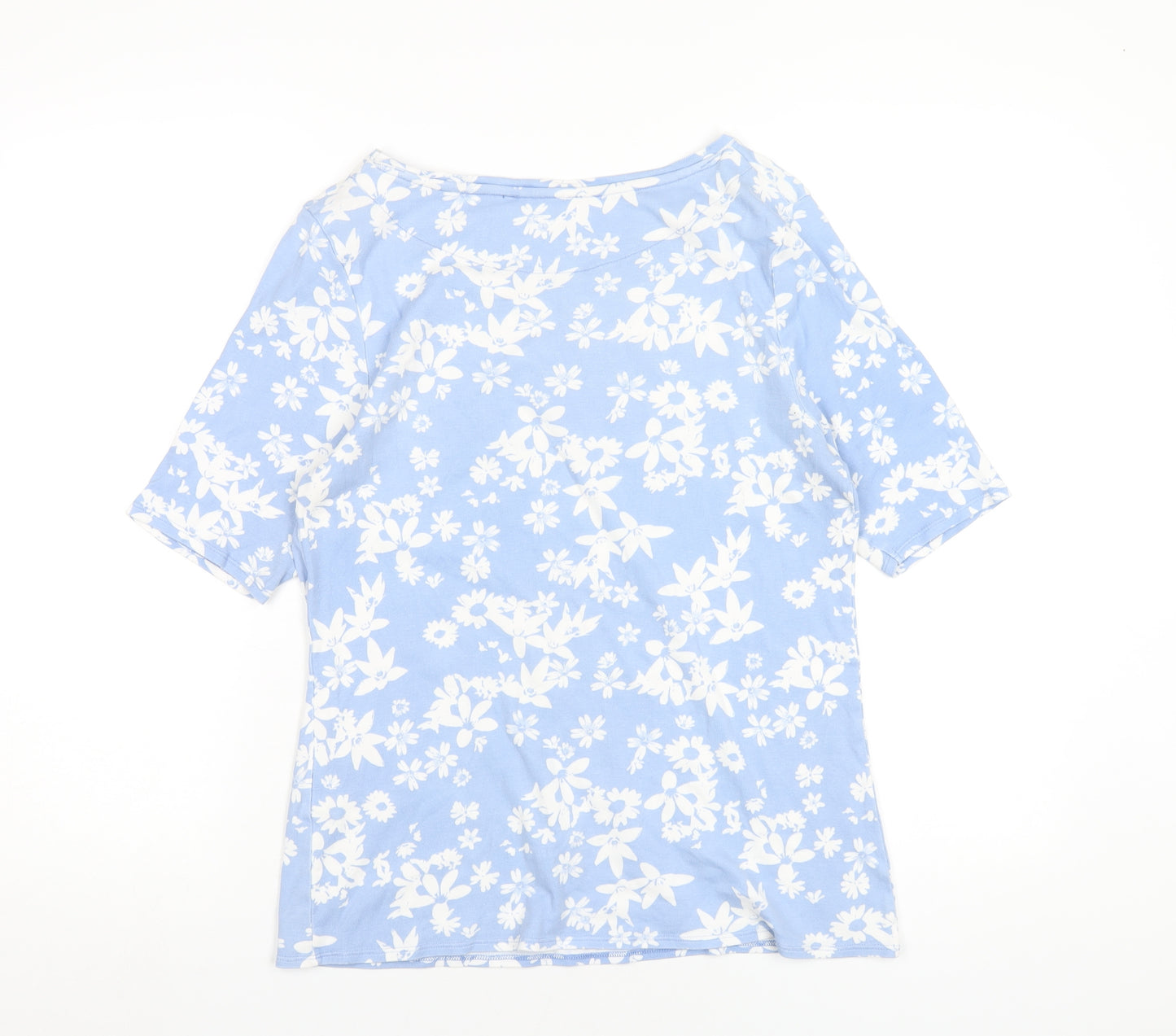 Marks and Spencer Womens Blue Floral Cotton Basic T-Shirt Size 16 Round Neck