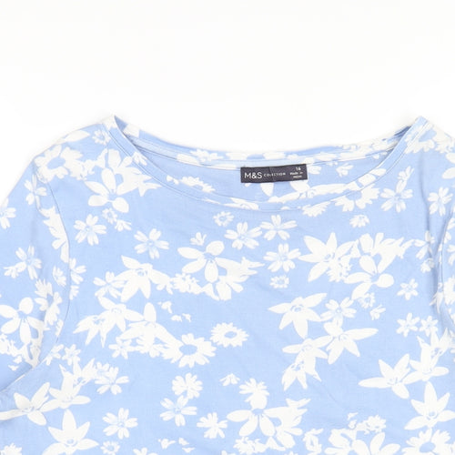 Marks and Spencer Womens Blue Floral Cotton Basic T-Shirt Size 16 Round Neck