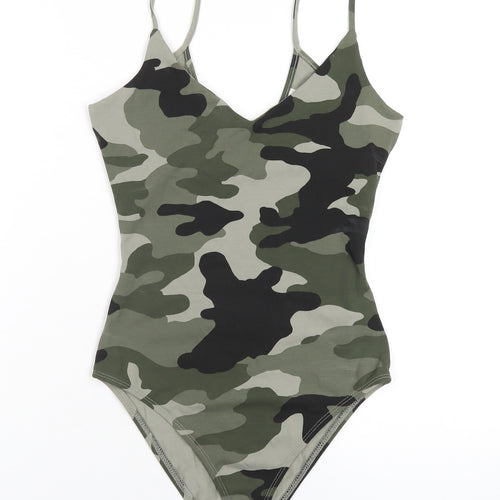 River Island Womens Green Camouflage Cotton Bodysuit One-Piece Size 8 Snap