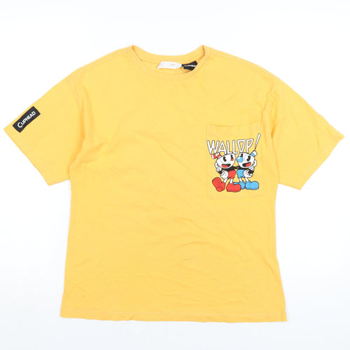 Zara Boys Yellow Cotton Basic T-Shirt Size 13-14 Years Round Neck Pullover - Cuphead and Mugman