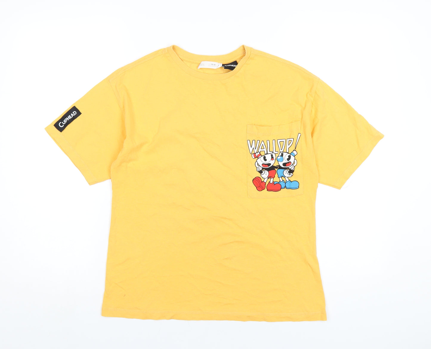 Zara Boys Yellow Cotton Basic T-Shirt Size 13-14 Years Round Neck Pullover - Cuphead and Mugman