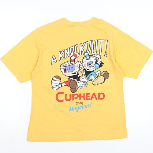 Zara Boys Yellow Cotton Basic T-Shirt Size 13-14 Years Round Neck Pullover - Cuphead and Mugman