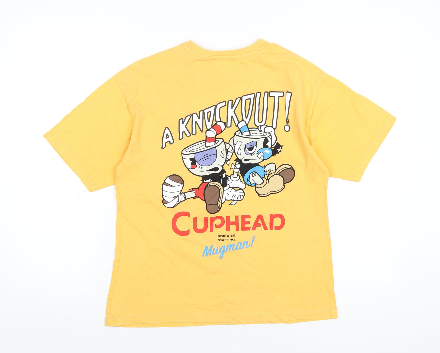 Zara Boys Yellow Cotton Basic T-Shirt Size 13-14 Years Round Neck Pullover - Cuphead and Mugman