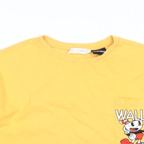 Zara Boys Yellow Cotton Basic T-Shirt Size 13-14 Years Round Neck Pullover - Cuphead and Mugman