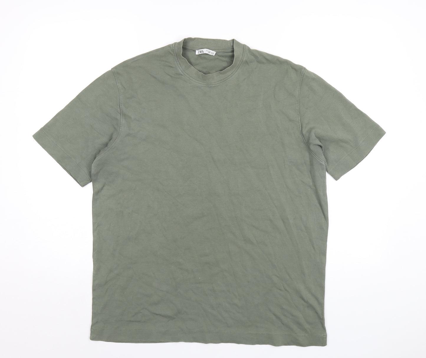 Zara Mens Green Cotton T-Shirt Size M Round Neck