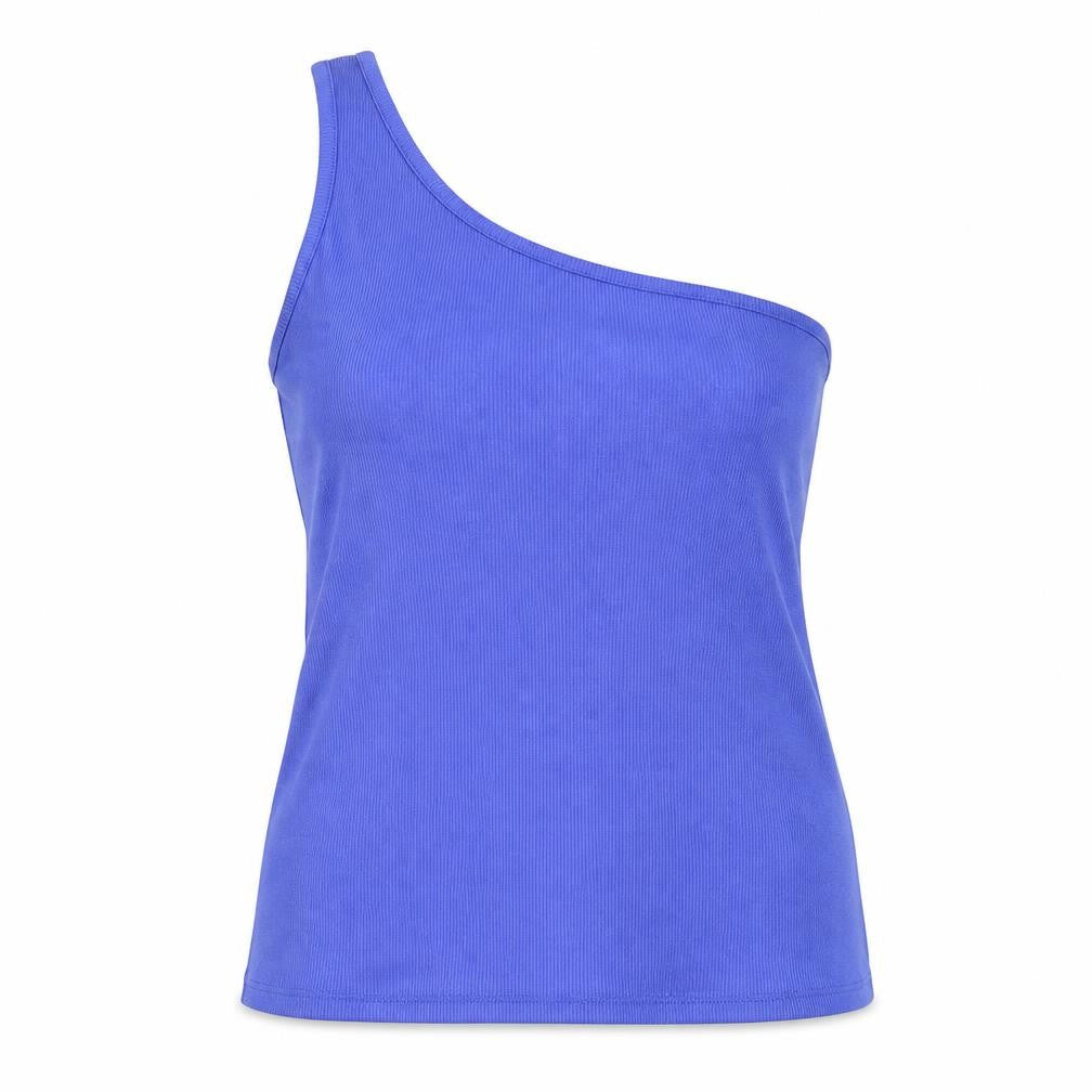 Front view of Marks & Spencer women’s blue cotton basic tank, size UK 18, one shoulder
