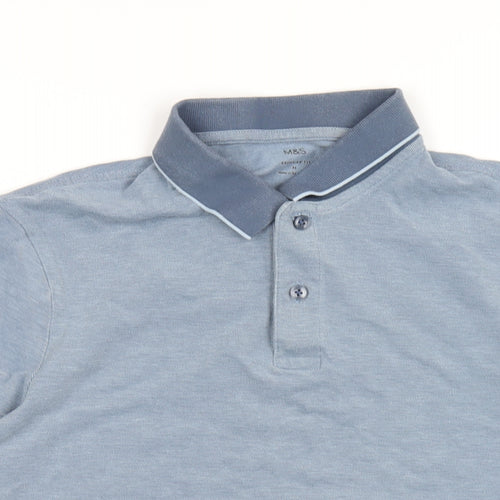 Marks and Spencer Mens Blue Cotton Polo Size M Collared Button