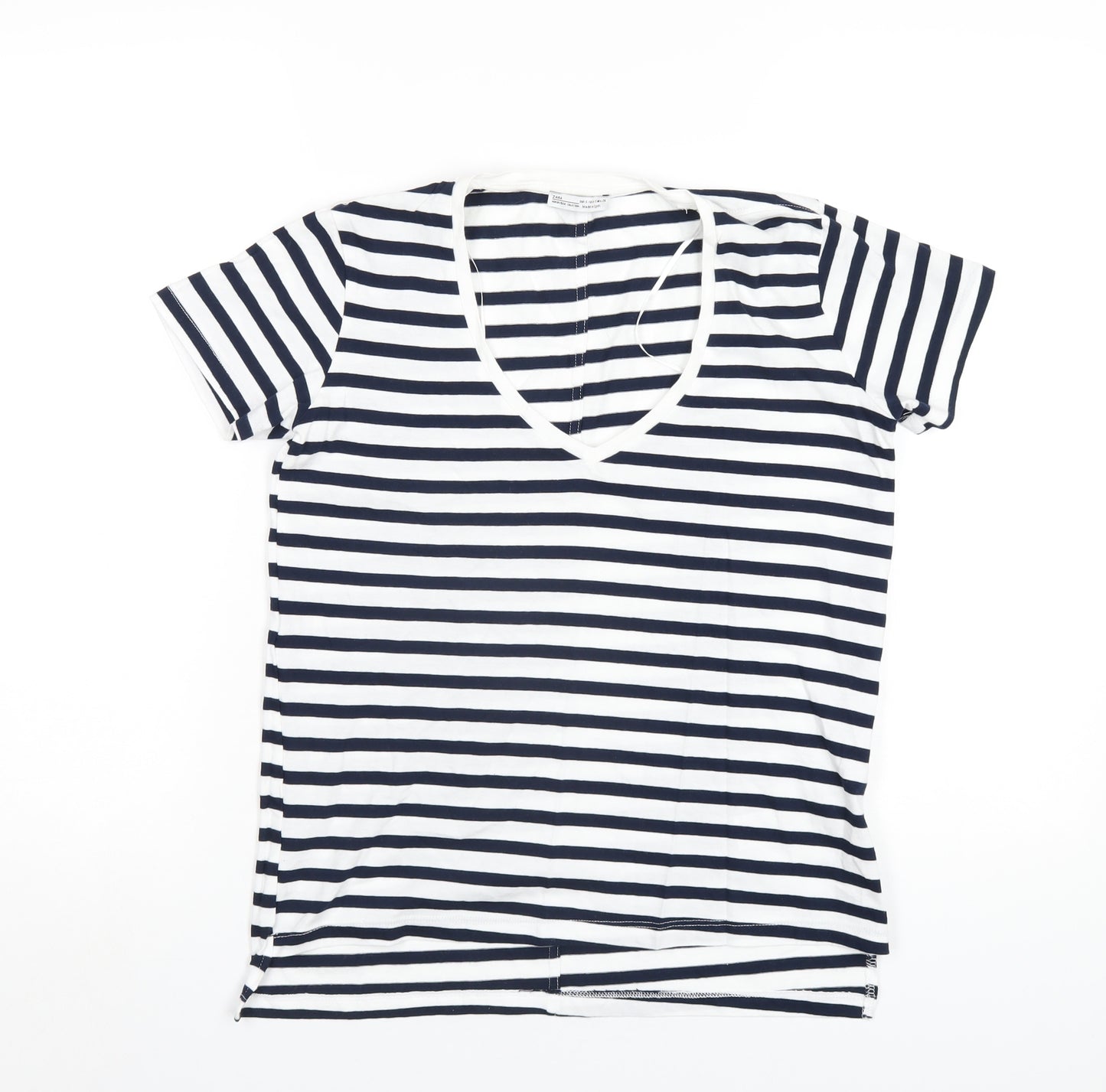 Zara Womens Blue Striped Cotton Basic T-Shirt Size S V-Neck
